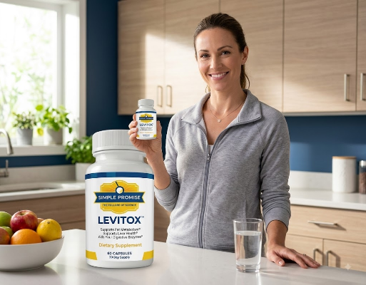 Woman in a kitchen holding a bottle of Levitox Liver Support Capsules